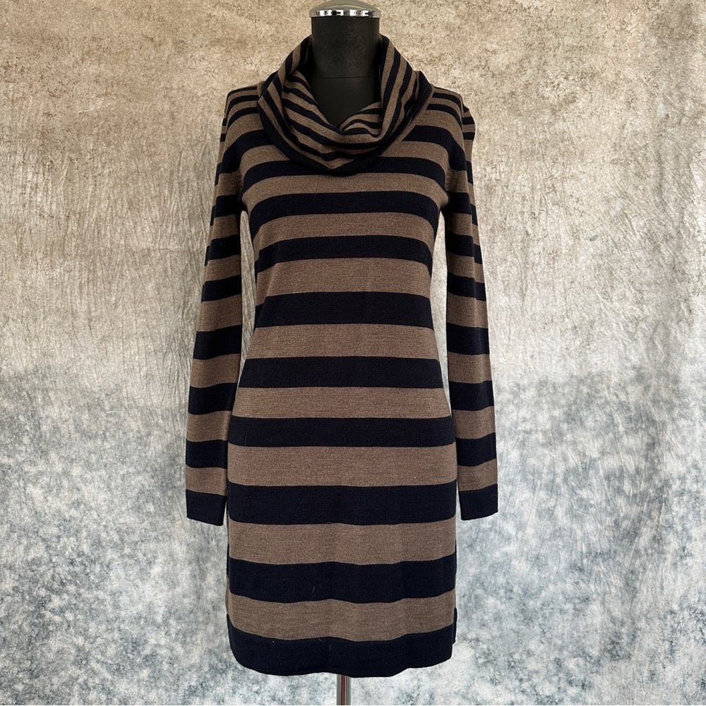 LOFT Brown and Black Striped Long Sleeve Dress